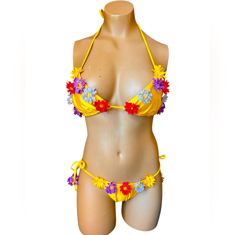 Yellow String Bikini with Floral Accents